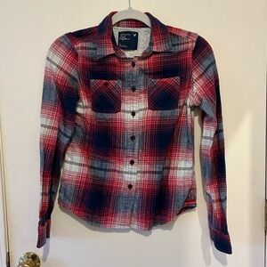 American Eagle Women’s Plaid Flannel Button-Down Shirt Blue, Red, Ivory Size 2